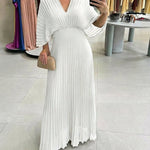 Deep V-Neck Batwing Sleeve High Waist Pleated Maxi Dress Casual Cinched Waist Backless Tied Detail Zipper Back Evening Dress