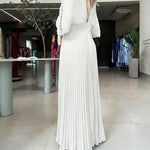 Deep V-Neck Batwing Sleeve High Waist Pleated Maxi Dress Casual Cinched Waist Backless Tied Detail Zipper Back Evening Dress