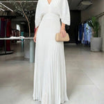 Deep V-Neck Batwing Sleeve High Waist Pleated Maxi Dress Casual Cinched Waist Backless Tied Detail Zipper Back Evening Dress