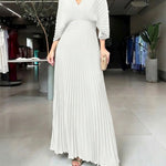 Deep V-Neck Batwing Sleeve High Waist Pleated Maxi Dress Casual Cinched Waist Backless Tied Detail Zipper Back Evening Dress
