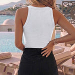 Rhinestone Contrast Sequin Keyhole Neck Sleeveless Slim Fit Elasticity Ribbed Top Elegant Tank