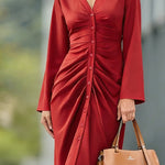 Nadorine Women's Casual Ruched Front Midi Shirt Dress