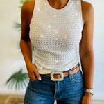 Rhinestone Decor O-neck Sleeveless Tee Slim Fit Ribbed Tank Top