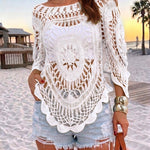 Women's Crochet Hollow Out Knit Top Batwing Sleeve Loose Cover Up Asymmetric Hem Sheer Bohemian Knitwear