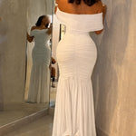 Foldover Off Shoulder Ruched Cinched Waist Minimalist Evening Dress Slim Fit Mermaid Hem Party Dress