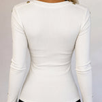 Women's Gold Studded Long Sleeve Rib-Knit T-Shirt Slim Fit Round Neck Top