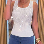 Rhinestone Decor U-Neck Sleeveless Tee Slim Fit Backless Ribbed Tank Top