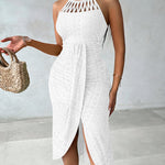 Halter Tie Criss Cross Front Ruched Knit Jacquard Textured Slit Dress Casual Hollow-out Draped Vacation Dress