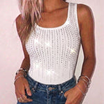 Rhinestone Decor U-Neck Sleeveless Tee Slim Fit Backless Ribbed Tank Top