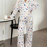 Women's Colorful Heart Print 2 Piece Pajama Set Long Sleeve Button Down Top and High Waisted Pants Casual Lounge Sets