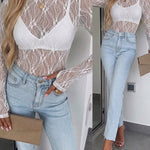 Women's Jacquard Textured Sheer Lace Long Sleeve Top Crewneck Slim Fit Tee with Thumb Holes