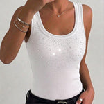 Rhinestone Decor U-Neck Sleeveless Slim Fit Ribbed Tank Top