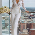 Crochet Lace Trim Deep V-Neck Floral Lace Spliced Ovearalls Casual Zipper Back Seam Front Jumpsuit with Belt