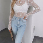 Women's Jacquard Textured Sheer Lace Long Sleeve Top Crewneck Slim Fit Tee with Thumb Holes