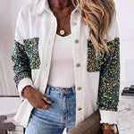 Women's Sequin Patchwork Denim Jacket Raw Hem Button Down Coat Long Sleeve Shacket with Pockets