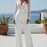 Crochet Lace Trim Deep V-Neck Floral Lace Spliced Ovearalls Casual Zipper Back Seam Front Jumpsuit with Belt