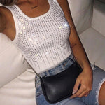 Rhinestone Decor U-Neck Sleeveless Tee Slim Fit Backless Ribbed Tank Top