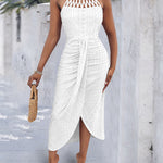 Halter Tie Criss Cross Front Ruched Knit Jacquard Textured Slit Dress Casual Hollow-out Draped Vacation Dress