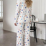 Women's Colorful Heart Print 2 Piece Pajama Set Long Sleeve Button Down Top and High Waisted Pants Casual Lounge Sets