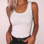 Rhinestone Decor U-Neck Sleeveless Slim Fit Ribbed Tank Top
