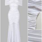 Foldover Off Shoulder Ruched Cinched Waist Minimalist Evening Dress Slim Fit Mermaid Hem Party Dress