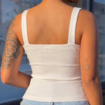 Women's Ribbed Knit Tank Top Square Neck Slim Fit Cami Top Adjustable Eyelet Strap Backless Top