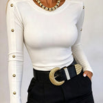 Women's Gold Studded Long Sleeve Rib-Knit T-Shirt Slim Fit Round Neck Top
