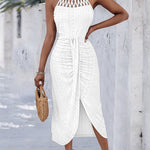 Halter Tie Criss Cross Front Ruched Knit Jacquard Textured Slit Dress Casual Hollow-out Draped Vacation Dress