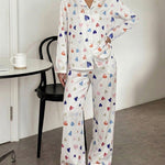 Women's Colorful Heart Print 2 Piece Pajama Set Long Sleeve Button Down Top and High Waisted Pants Casual Lounge Sets