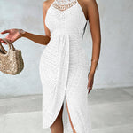 Adjustable Halter Hollow-out Back Ruched Front Slit Dress Guipure Lace Yoke Eyelet Embroidery Vacation Dress