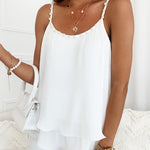 Women's Pleated Cami Top Pearls Decor Spaghetti Strap Tank Layered Ruffle Hem Flowy Sleeveless Chiffon Top