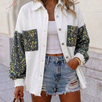 Women's Sequin Patchwork Denim Jacket Raw Hem Button Down Coat Long Sleeve Shacket with Pockets