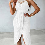 Adjustable Halter Hollow-out Back Ruched Front Slit Dress Guipure Lace Yoke Eyelet Embroidery Vacation Dress