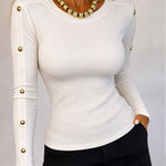 Women's Gold Studded Long Sleeve Rib-Knit T-Shirt Slim Fit Round Neck Top
