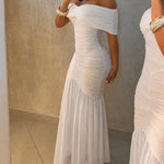Foldover Off Shoulder Ruched Cinched Waist Minimalist Evening Dress Slim Fit Mermaid Hem Party Dress