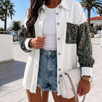 Women's Sequin Patchwork Denim Jacket Raw Hem Button Down Coat Long Sleeve Shacket with Pockets