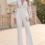 Crochet Lace Trim Deep V-Neck Floral Lace Spliced Ovearalls Casual Zipper Back Seam Front Jumpsuit with Belt