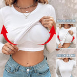 Women's Crewneck Long Sleeve Ribbed Knit Top Slim Fit Base Layer Shirt Soft Stretchy Casual Tee with Built-in Bra