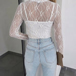 Women's Jacquard Textured Sheer Lace Long Sleeve Top Crewneck Slim Fit Tee with Thumb Holes