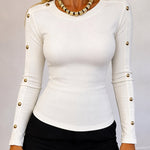 Women's Gold Studded Long Sleeve Rib-Knit T-Shirt Slim Fit Round Neck Top