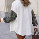 Women's Sequin Patchwork Denim Jacket Raw Hem Button Down Coat Long Sleeve Shacket with Pockets