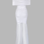 Foldover Off Shoulder Ruched Cinched Waist Minimalist Evening Dress Slim Fit Mermaid Hem Party Dress