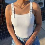 Women's Ribbed Knit Tank Top Square Neck Slim Fit Cami Top Adjustable Eyelet Strap Backless Top