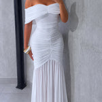 Foldover Off Shoulder Ruched Cinched Waist Minimalist Evening Dress Slim Fit Mermaid Hem Party Dress