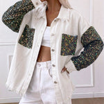 Women's Sequin Patchwork Denim Jacket Raw Hem Button Down Coat Long Sleeve Shacket with Pockets