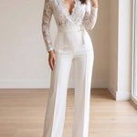 Crochet Lace Trim Deep V-Neck Floral Lace Spliced Ovearalls Casual Zipper Back Seam Front Jumpsuit with Belt
