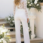 Crochet Lace Trim Deep V-Neck Floral Lace Spliced Ovearalls Casual Zipper Back Seam Front Jumpsuit with Belt