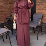 Red Long-sleeved Tie-Drawstring Shirt and Skirt Set