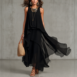 Delphine | Black chiffon dress with irregular hem and sleeveless cut