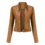 Victoria | Women's Cropped Faux Leather Jacket Stand-Collar Moto Biker